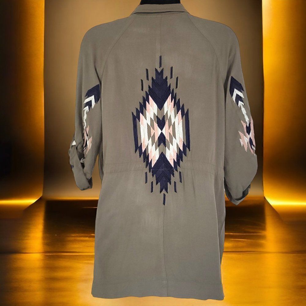 Miss Me  olive Army green Native American embroidered Chevron long top jacket
